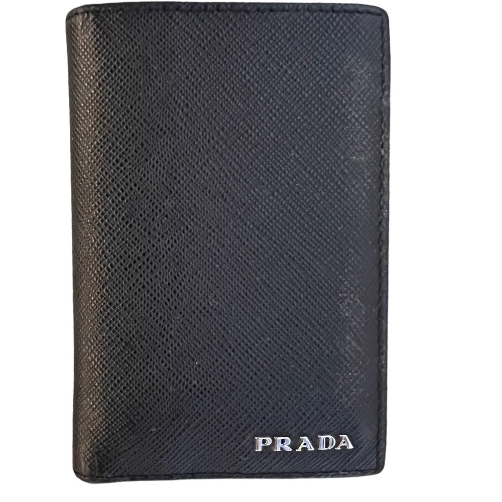 Prada Vertical Card Holder Wallet Saffiano Bicolo Baltico Nero